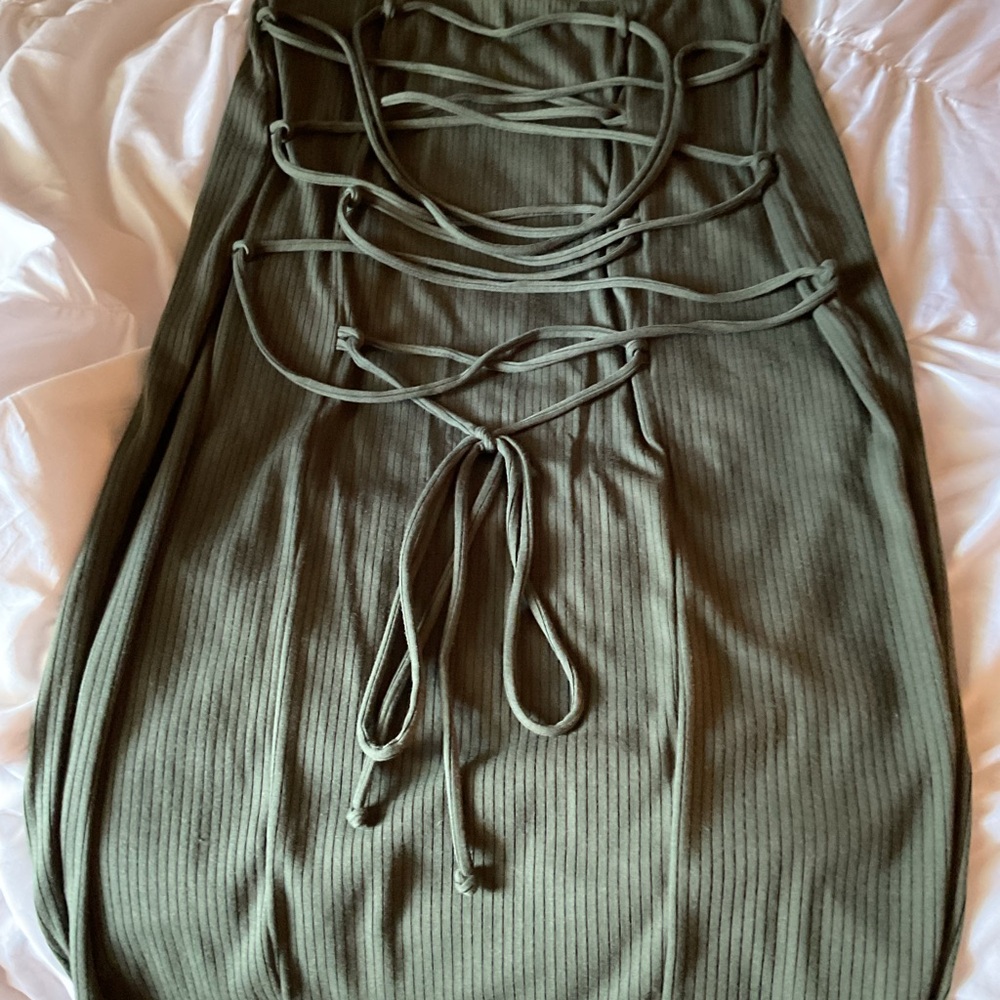 Fashion Nova Olive Backless Lace-Up Two Piece Skirt Set - Picture 3 of 7